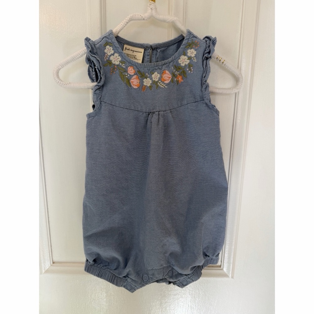 First Impressions Blue Romper with Floral Design